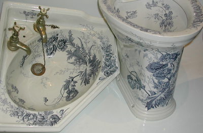 Victorian Blue Transfer Corner Basin and Toilet C.1890