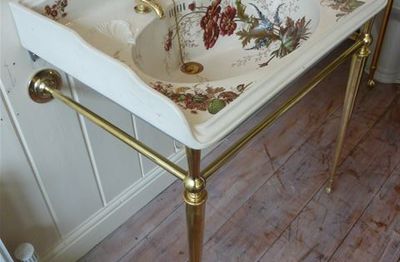 Victorian Polychromatic Basin on a Brass Stand with Taps, Waste and Trap C.1890